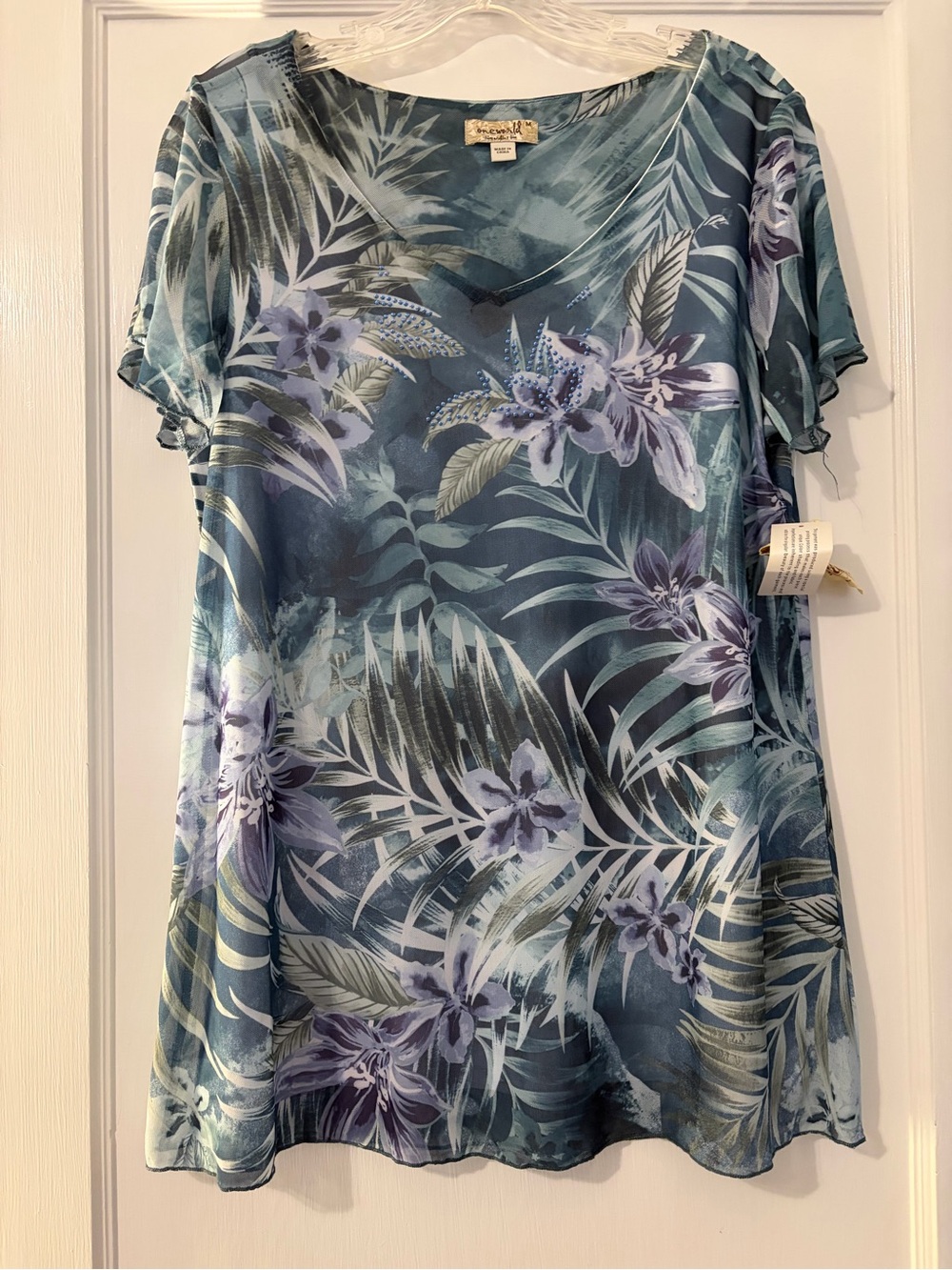 ONE WORLD Blue Floral V-Neck Tunic